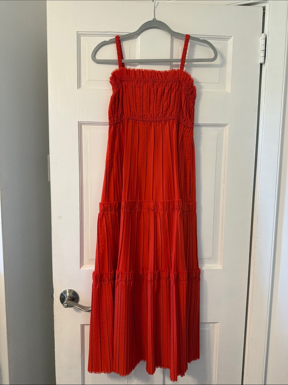 Red Smocked Tiered Midi Dress